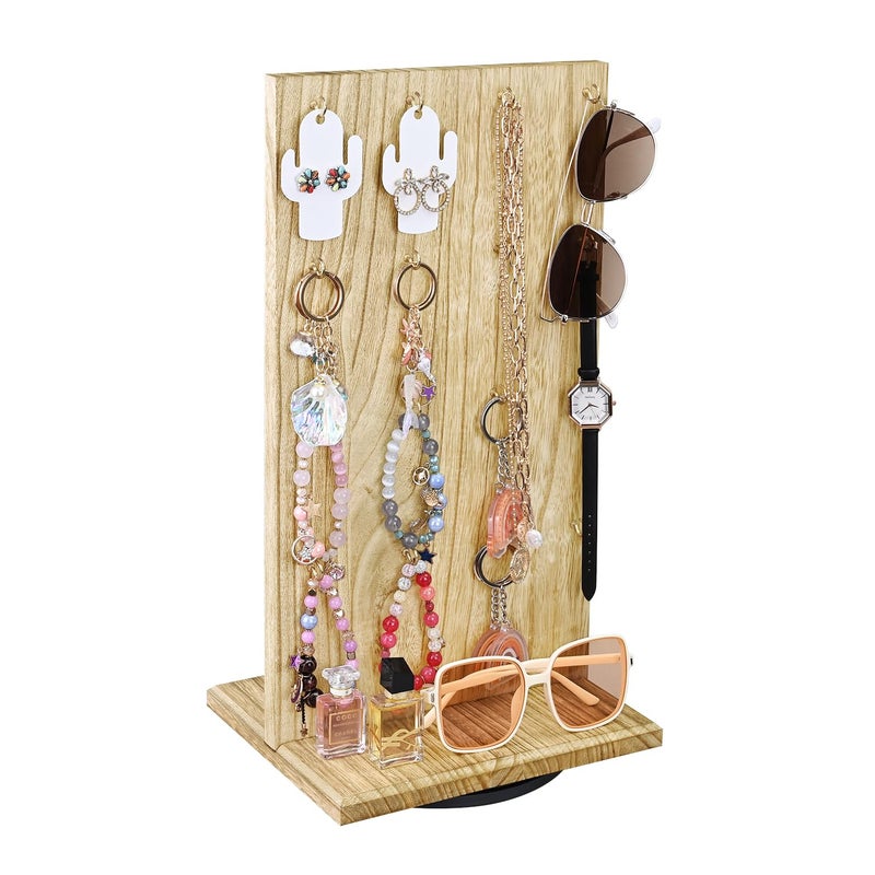 Ikee Design Wooden Rotating Two-Sided Jewelry Display Stand, Rotating Organizer with 32 Hooks for Store, Earring Keychain Display with Hooks, Oak color, 9 W x 7.5 D x 16.5 H in - Image 3